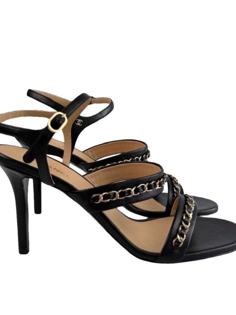 CHANEL Black Leather Chain-Trim High Heel Sandals